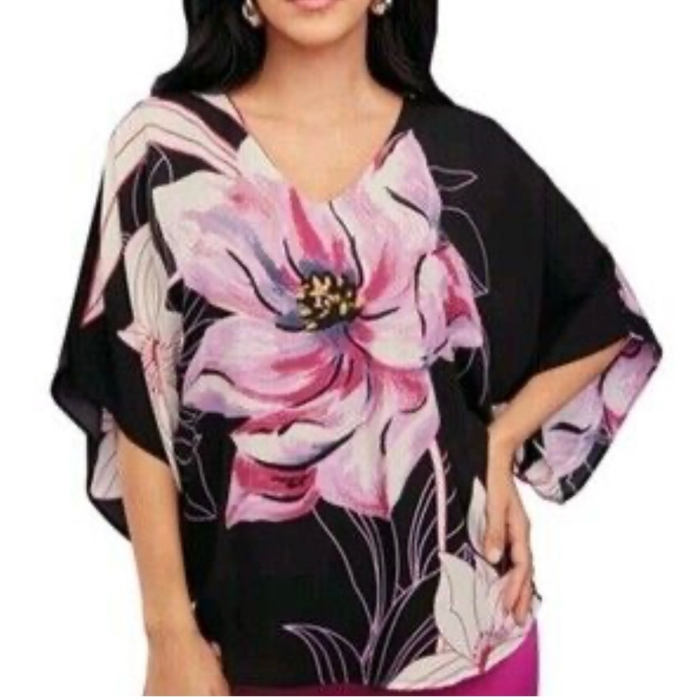 White House Black Market Black Floral V-Neck Blouse with Pink & White Blooms M